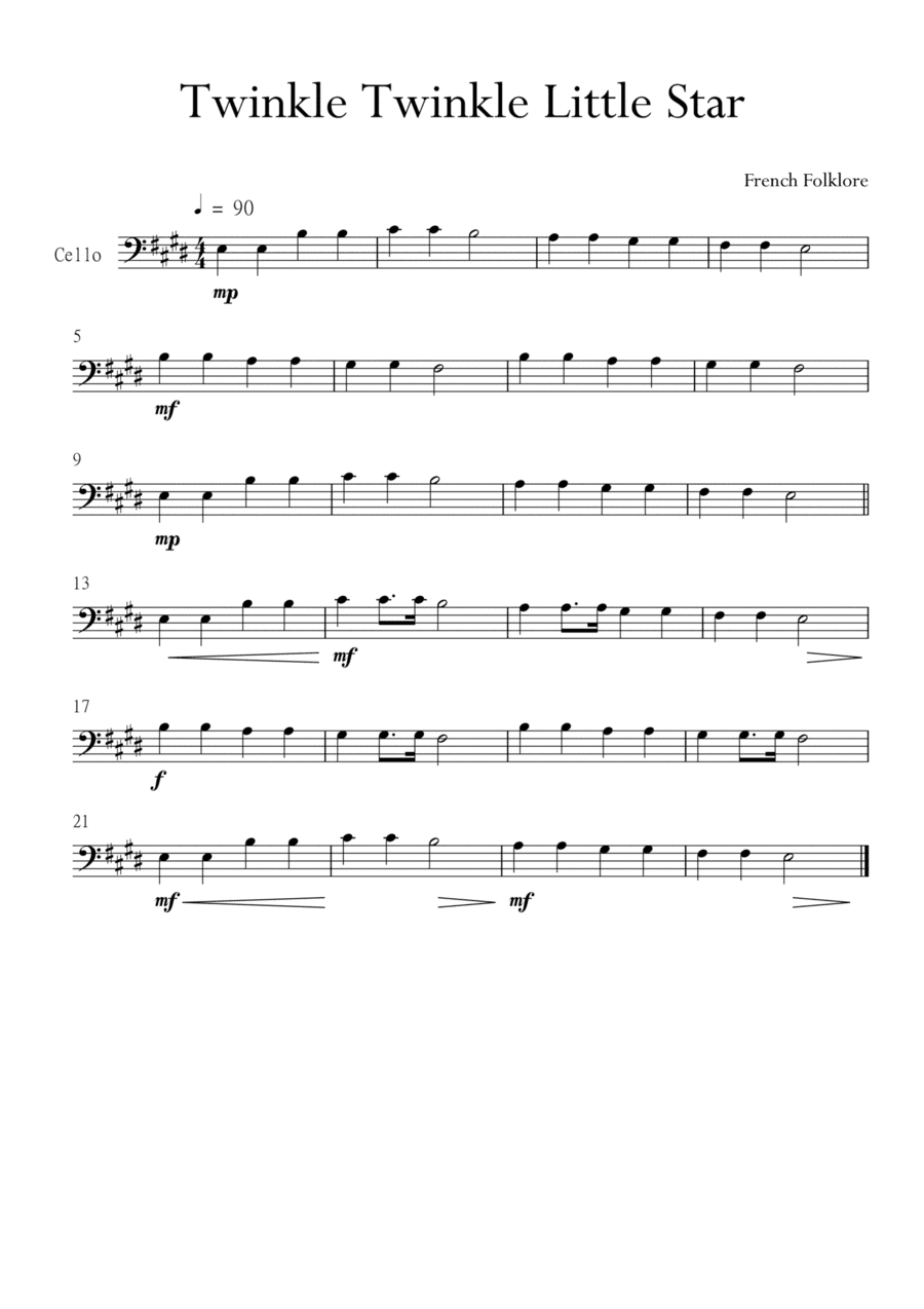 Twinkle Twinkle Little Star for Cello (Violoncello) in E Major. Very Easy. (arr. Matheus Araújo)