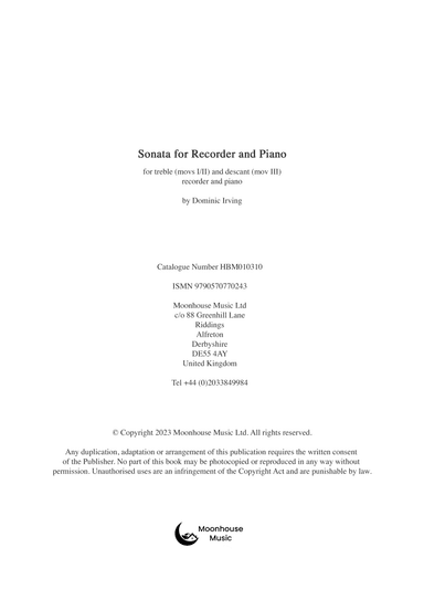 Sonata for Recorder and Piano - Dominic Irving (published 2023 by Moonhouse Music Ltd)