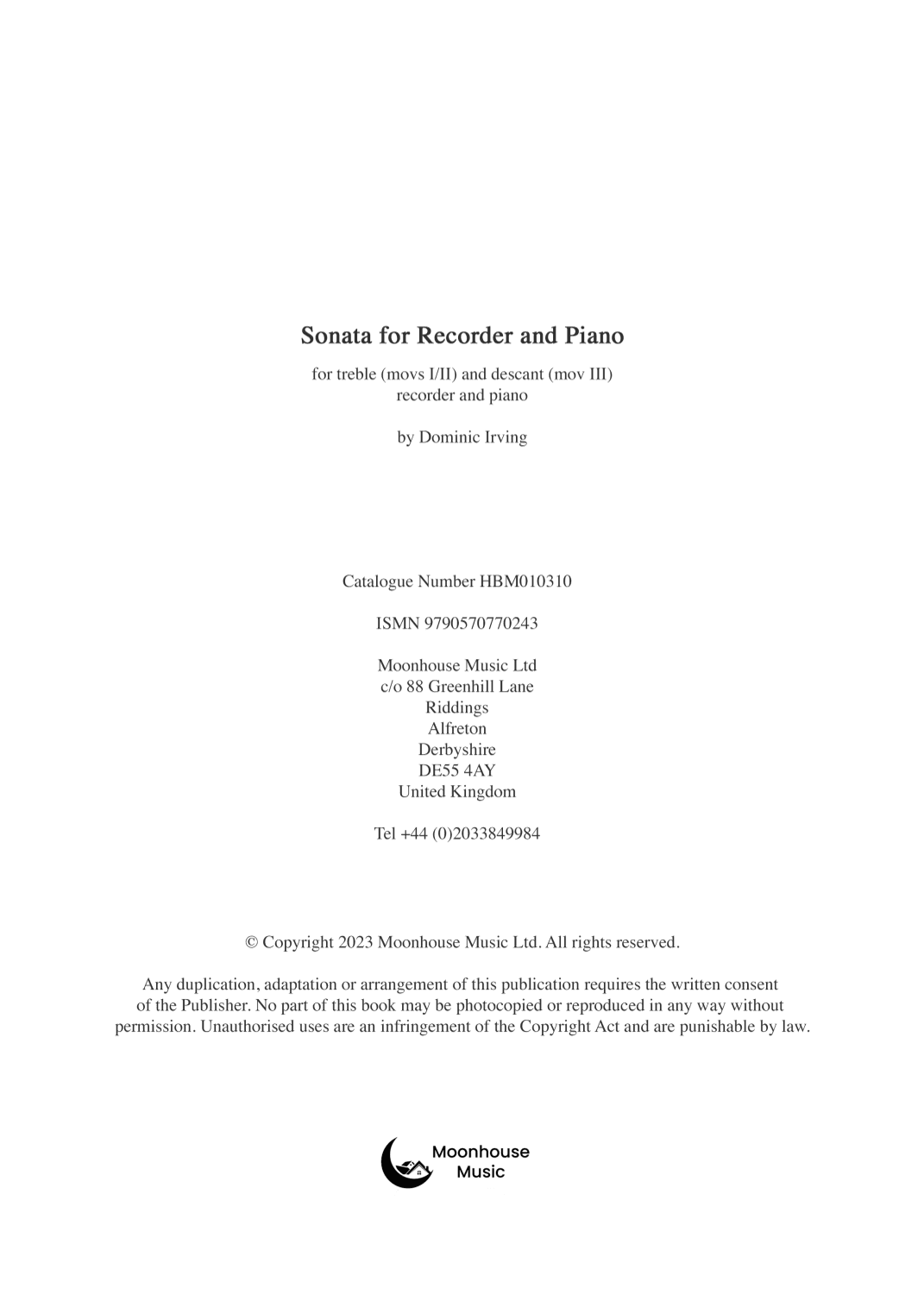 Sonata for Recorder and Piano - Dominic Irving (published 2023 by Moonhouse Music Ltd)