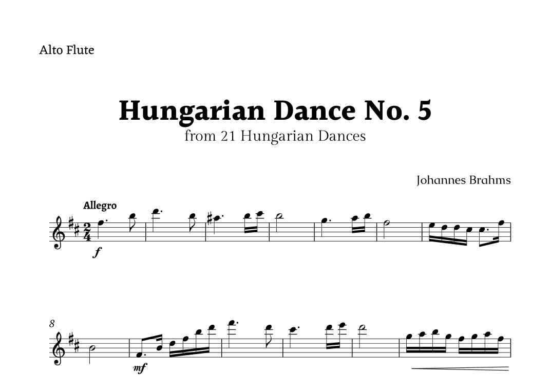 Hungarian Dance No. 5 by Brahms for Alto Flute Solo (arr. Rika K.)