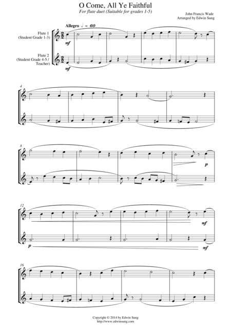 O Come, All Ye Faithful (for flute duet, suitable for grades 1-5) (arr. Edwin Sung)