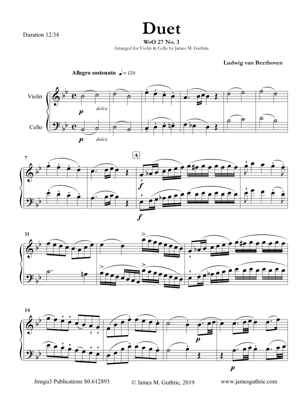 Beethoven: Duet WoO 27 No. 3 for Violin & Cello (arr. James M. Guthrie, ASCAP)