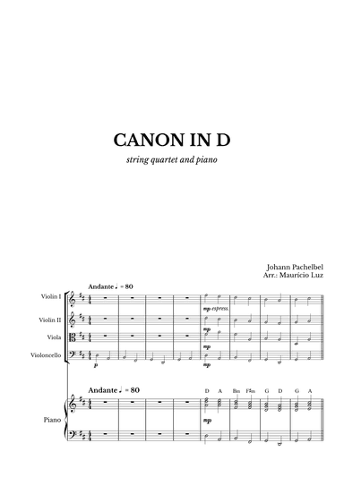 Canon in D for String Quartet and Piano with chords (arr. Maurício Luz)