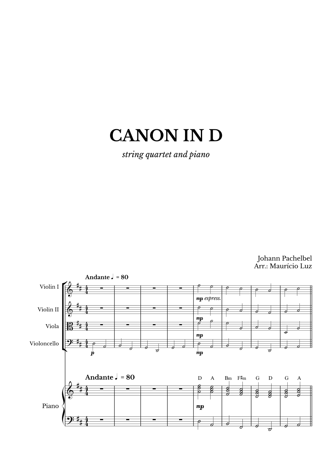 Canon in D for String Quartet and Piano with chords (arr. Maurício Luz)