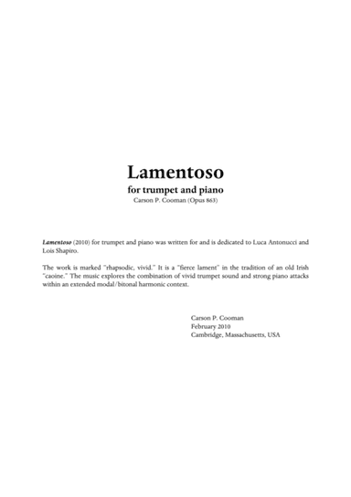 Carson Cooman : Lamentoso (2010) for trumpet and piano