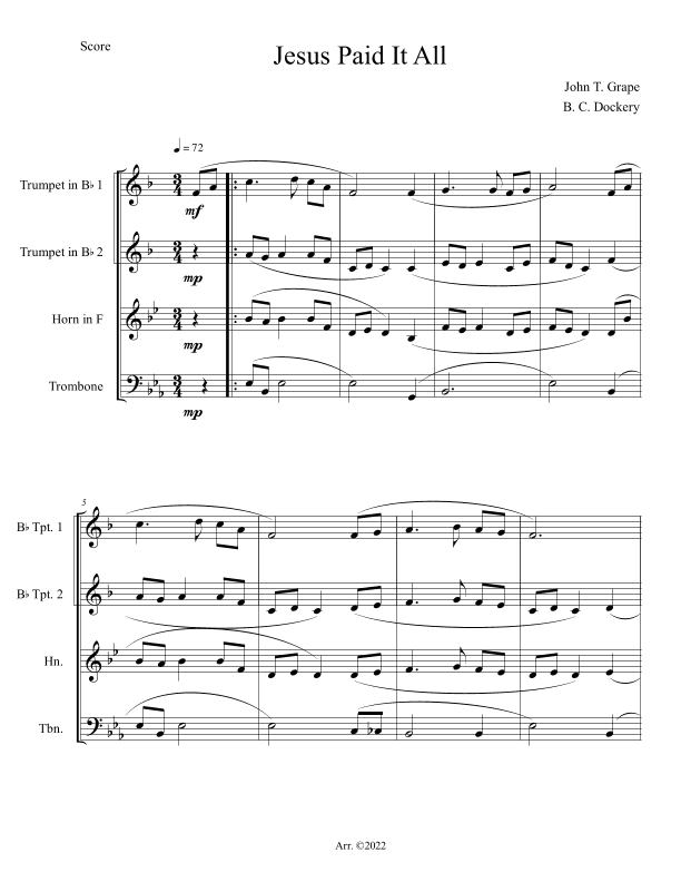 Jesus Paid It All (Brass Quartet) (arr. B. C. Dockery)