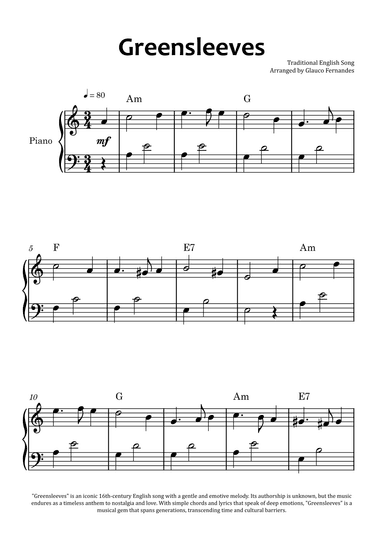 Greensleeves - Easy Piano with Chord Charts (arr. Glauco Fernandes)