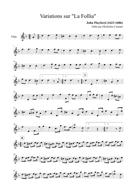 Playford, John : La Follia - Variations pour flûte (ou flûte à bec ou violon) et clavier (arr. Cumant, Micheline)