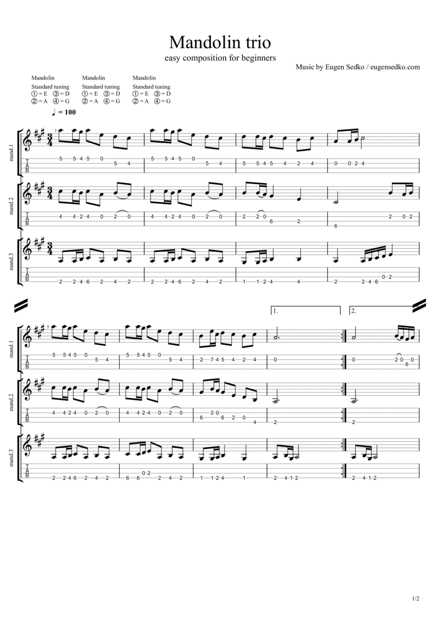 Easy mandolin trio - classical style theme score for beginners
