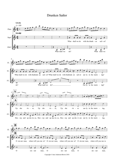 Drunken Sailor Partnered with O Sinner Man.  Arrangement for SSAA and solo instrument (Piccolo, flut (arr. Jane Anderson-Brown)