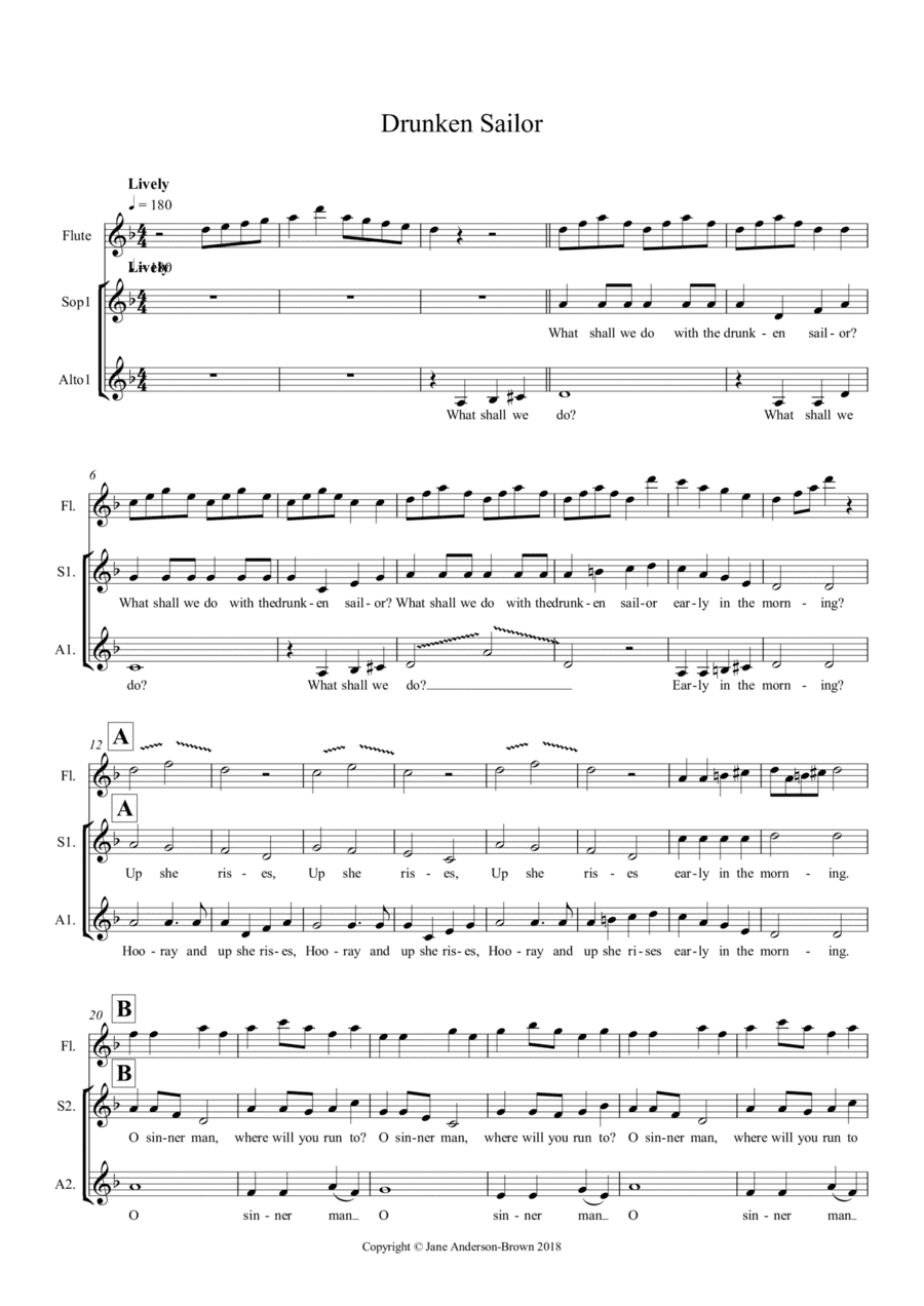 Drunken Sailor Partnered with O Sinner Man.  Arrangement for SSAA and solo instrument (Piccolo, flut (arr. Jane Anderson-Brown)