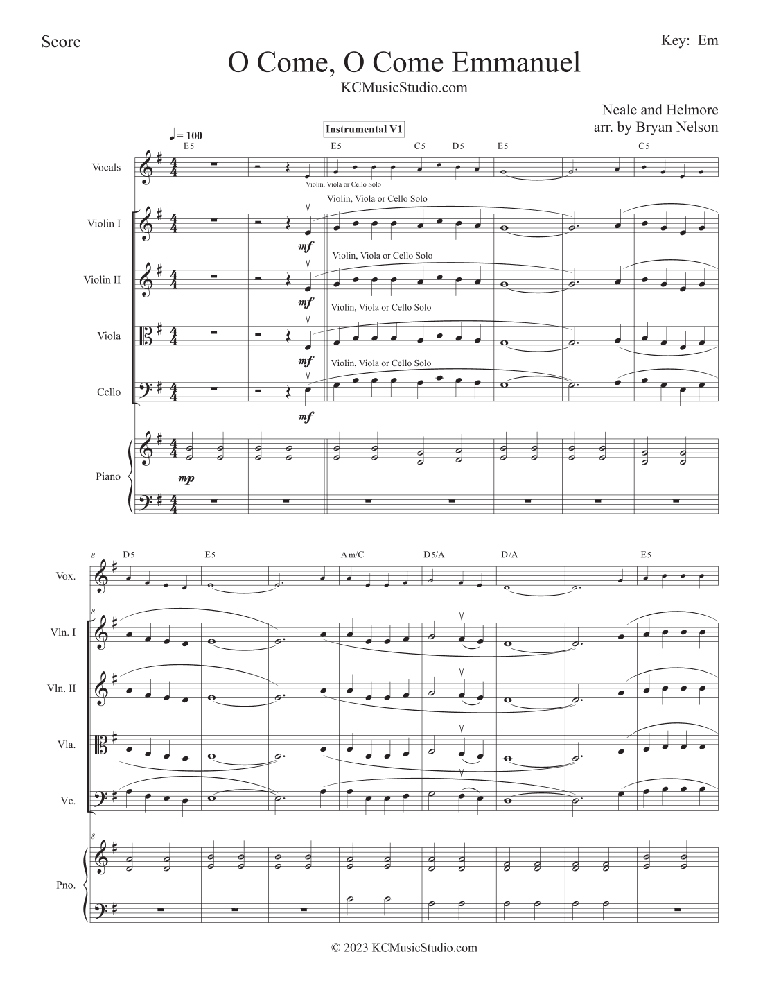 O Come, O Come Emmanuel for Vocals, String Quartet and Piano (arr. Bryan Nelson)