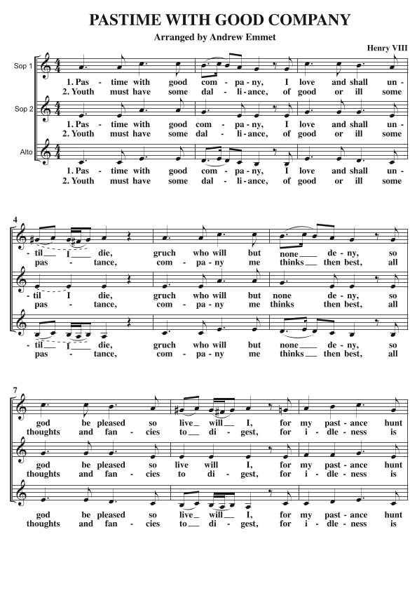 Pastime With Good Company A Cappella SSA (arr. Andrew Emmet)