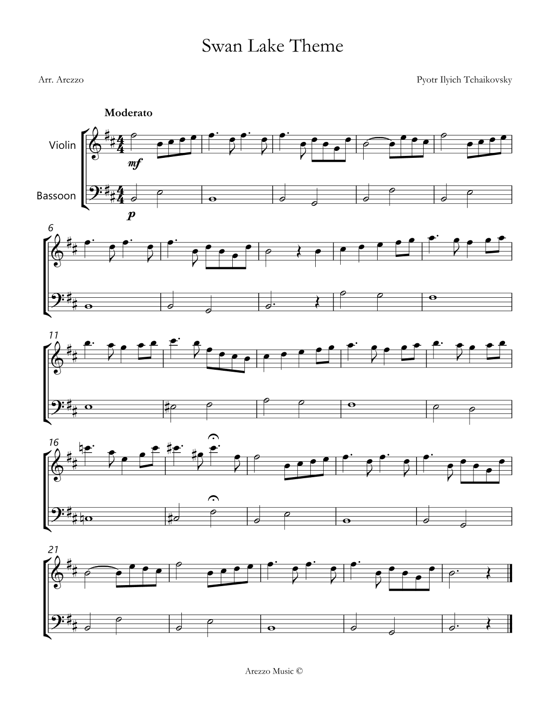 the swan lake theme sheet music for beginners violin and bassoon (arr. Arezzo Music)