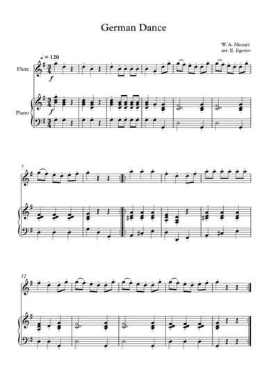 German Dance, Wolfgang Amadeus Mozart, For Flute & Piano