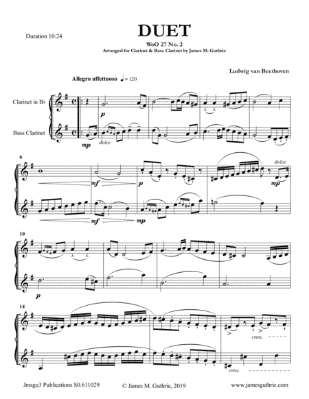 Beethoven: Duet WoO 27 No. 2 for Clarinet & Bass Clarinet (arr. James M. Guthrie, ASCAP)