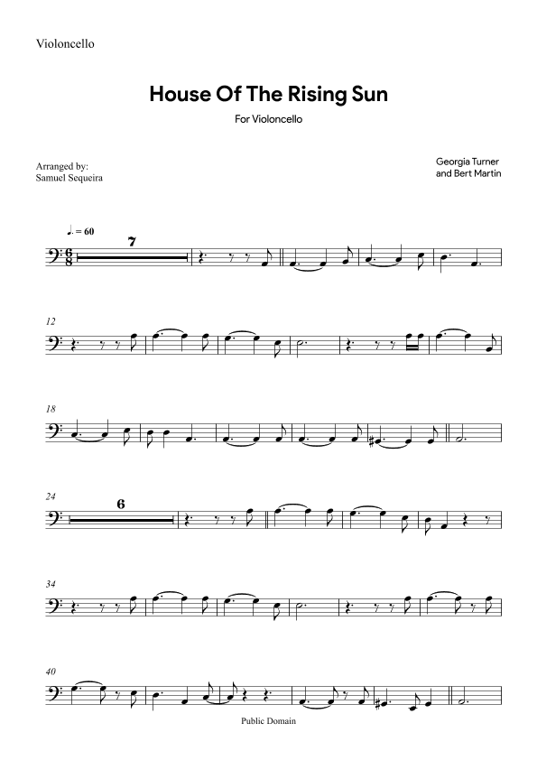 House of the Rising Sun - for Cello - with play along (arr. Samuel Sequeira)