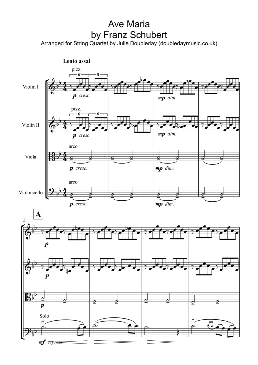 Ave Maria by Franz Schubert for String Quartet - Score and Parts (arr. Julie Doubleday)