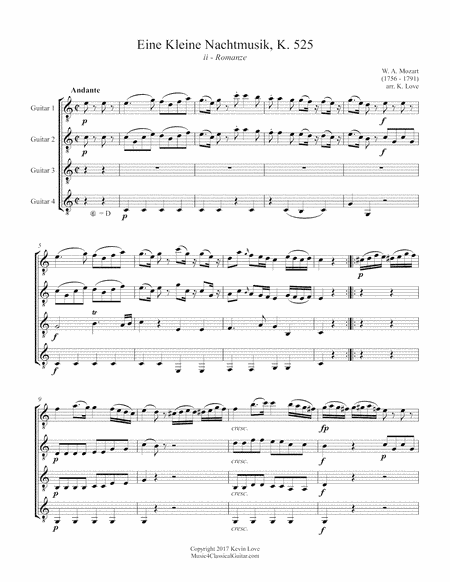 Eine kleine Nachtmusik, K. 525 - ii - Romanze (Guitar Quartet) - Score and Parts (arr. K. Love)