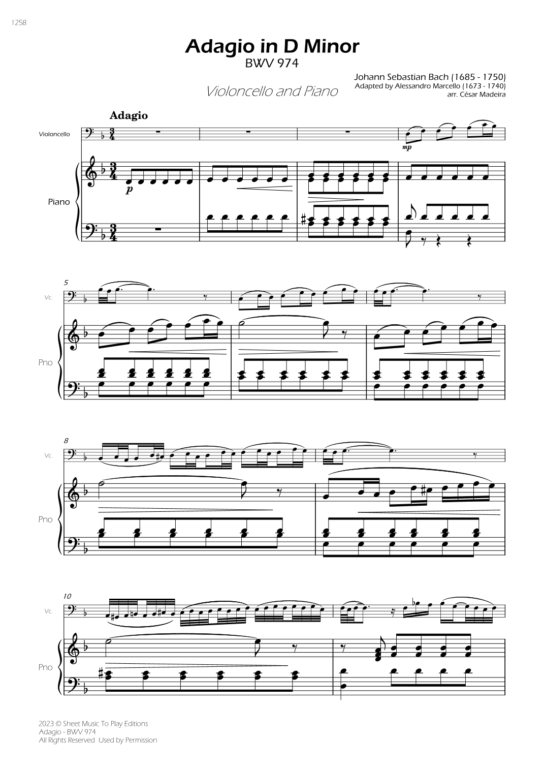 Adagio (BWV 974) - Cello and Piano (Full Score) (arr. César Madeira)