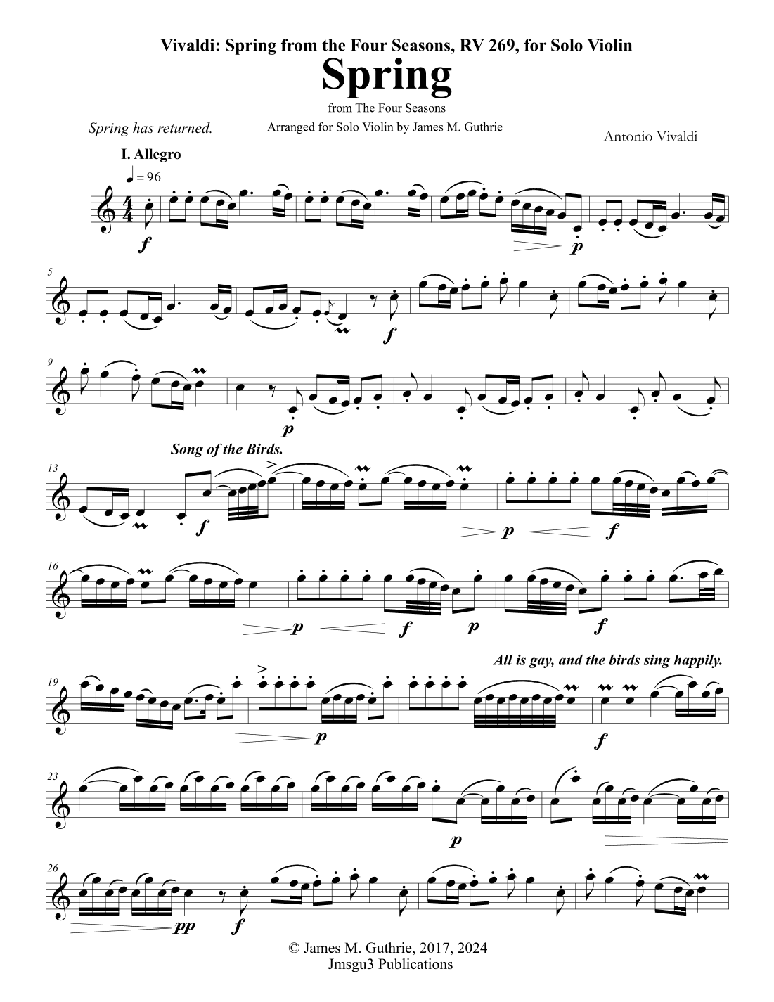 Vivaldi: Spring from The Four Seasons for Solo Violin (arr. James M. Guthrie, ASCAP)