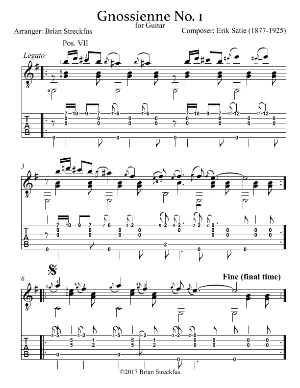 Gnossienne No. 1 (Tablature + Sheet Music) (arr. Brian Streckfus)