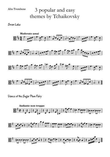 3 popular and easy themes by Tchaikovsky with accompaniment and chord symbols for Alto Trombone (arr. Leyandder Trustworthy)