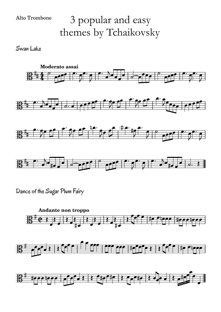 3 popular and easy themes by Tchaikovsky with accompaniment and chord symbols for Alto Trombone (arr. Leyandder Trustworthy)