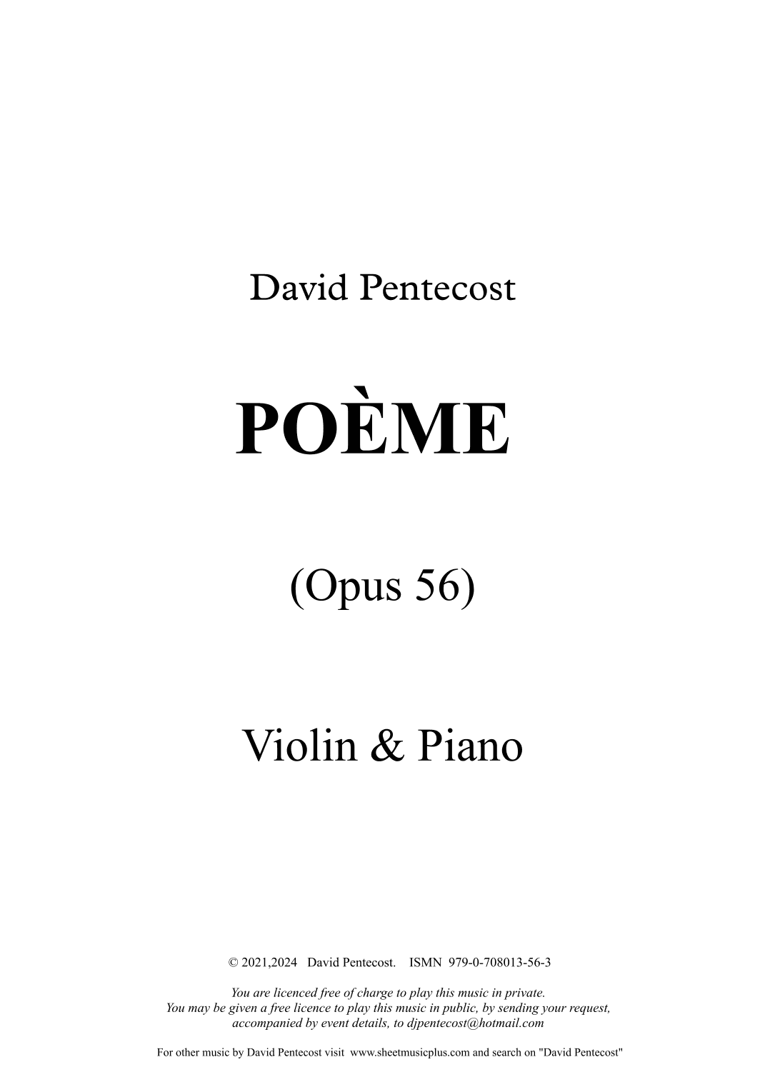 Poème, Opus 56, for Violin and Piano