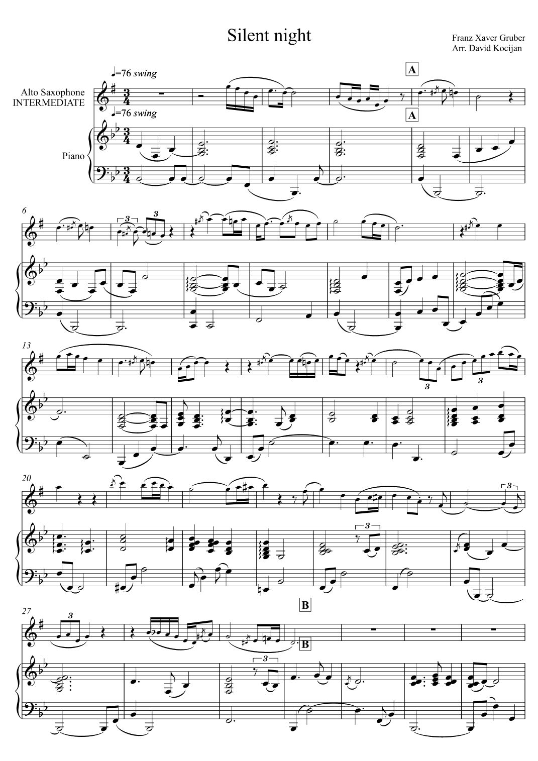 Silent night - INTERMEDIATE (alto sax & piano) (arr. David Kocijan)