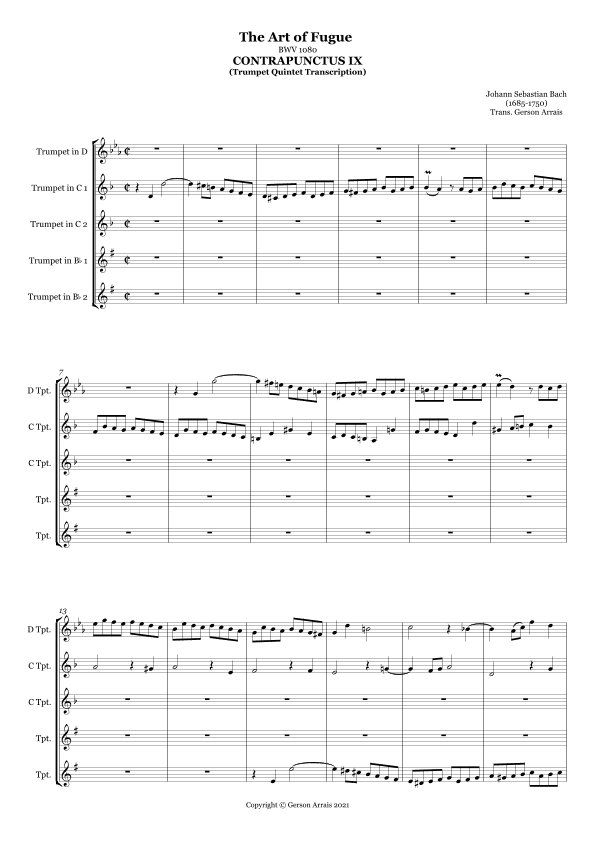 Contrapunctus IX - J. S. Bach - for Trumpet Quintet - Score and Parts (arr. Gerson Arrais)