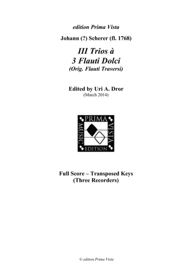 Johann Scherer, III Trios for Three Recorders, Score (arr. Uri A. Dror - edition Prima Vista)