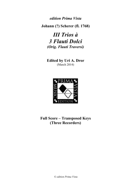 Johann Scherer, III Trios for Three Recorders, Score (arr. Uri A. Dror - edition Prima Vista)
