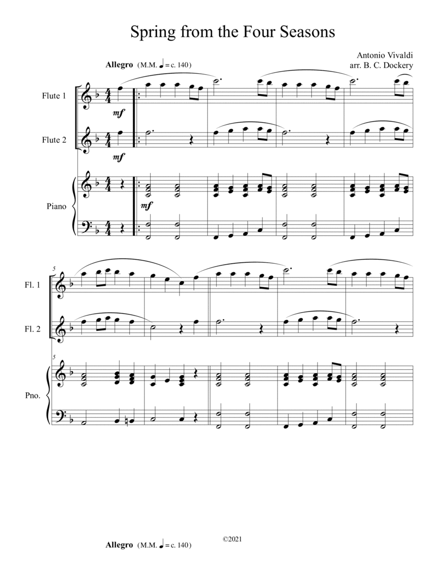 Spring from the Four Seasons (Flute Duet) with piano accompaniment (arr. B. C. Dockery)