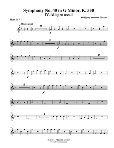 Mozart Symphony No. 40, Movement IV - Horn in F 1 (Transposed Part), K. 550 (arr. Doug Clyde)