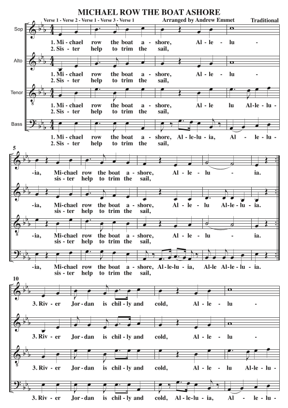 Michael Row The Boat Ashore A Cappella SATB (arr. Andrew Emmet)