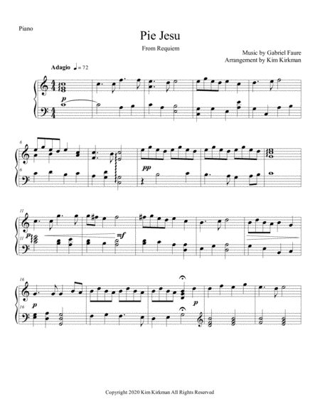 Pie Jesu from Requiem by Faure arranged for solo piano in C (arr. Kim Kirkman)