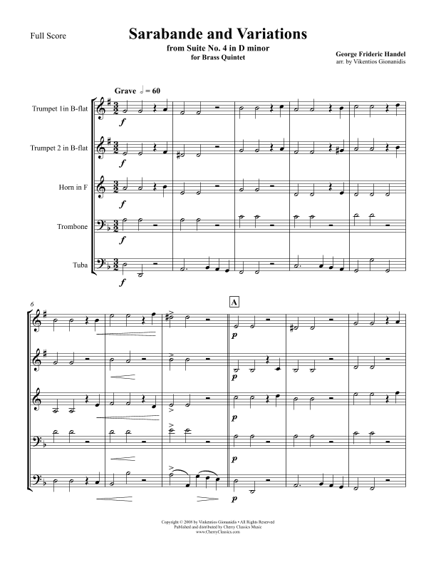 Sarabande and Variations from Suite No. 4 in D minor for Brass Quintet (arr. Vikentios Gionanidis)