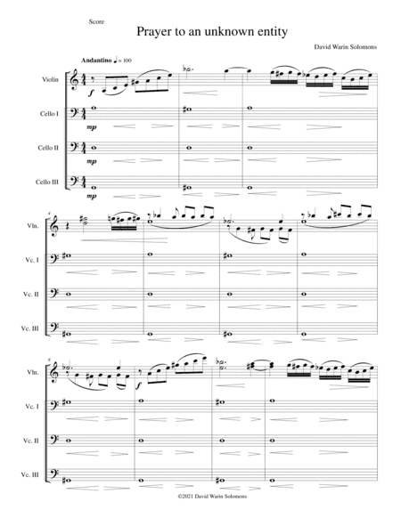 Prayer to an Unknown Entity for virtuoso violin and 3 cellos