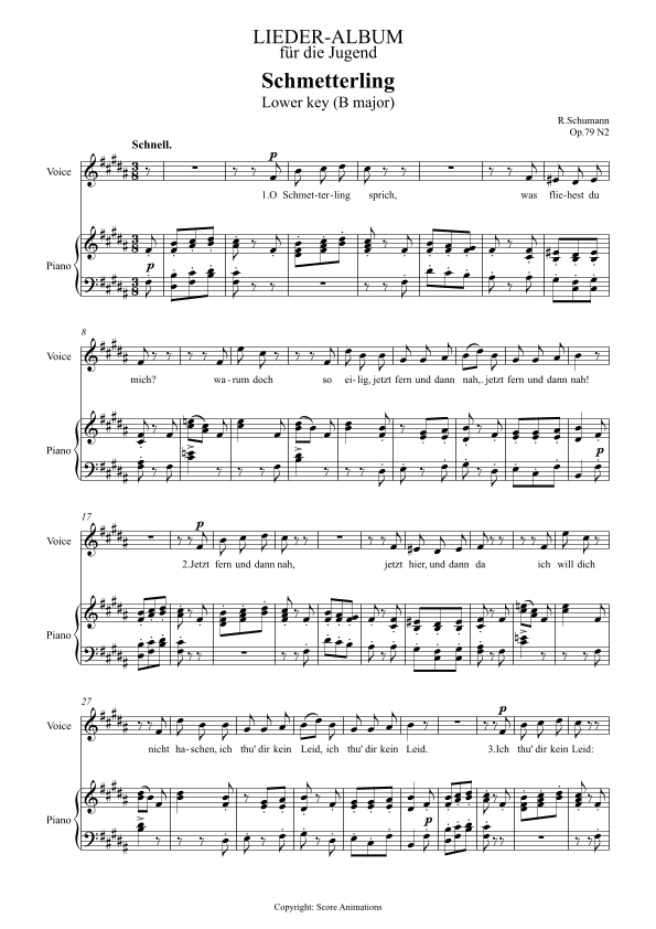 Schmetterling Op 79 N2 in B major (Lower key) (arr. Score Animations)