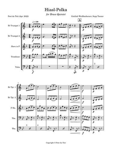 Hiasl-Polka - Gottlieb Weißbacher arr. Sepp Tanzer (Brass Quintet & Percussion) (arr. Sepp Tanzer & Peet du Toit)