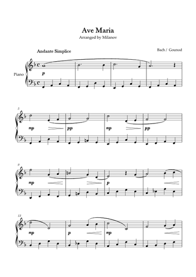 Ave Maria Bach Gounod in F Easy Intermediate Piano (arr. Milanov)