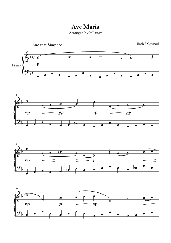 Ave Maria Bach Gounod in F Easy Intermediate Piano (arr. Milanov)
