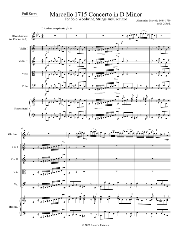 Marcello Oboe Concerto in A Minor for Oboe d'amore (arr. R G Roth)