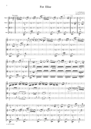 Beethoven  For Elise, for string quartet, CB010 (arr. FCMUSIC)