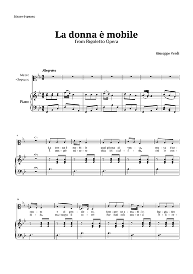La donna è mobile in B-flat major for Mezzo Soprano and Piano (arr. Langanho)