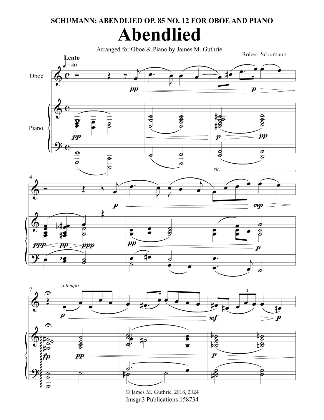 Schumann: Abendlied for Oboe & Piano (arr. James M. Guthrie, ASCAP)