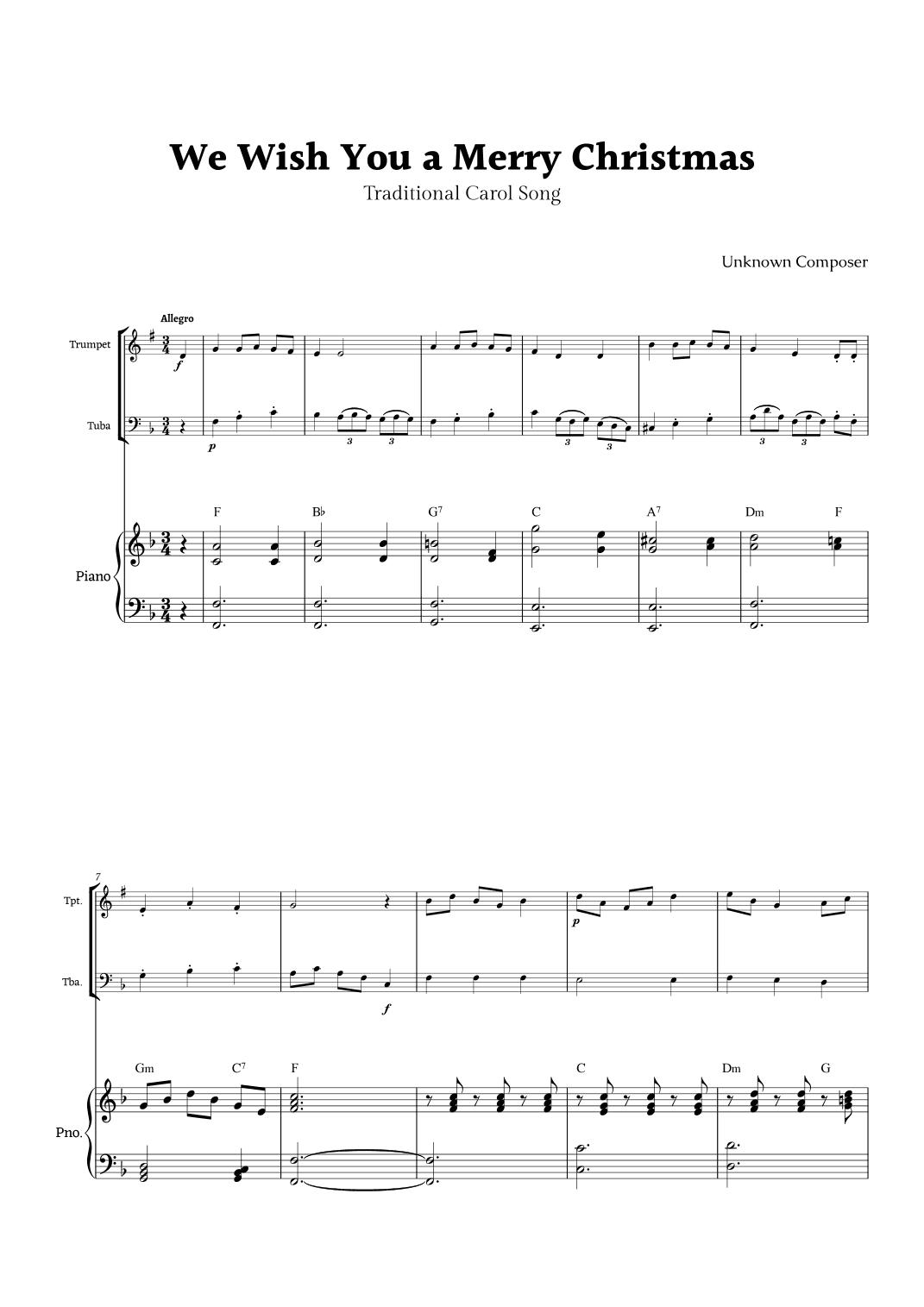 We Wish you a Merry Christmas for Trumpet and Tuba Duet with Piano (arr. Rika K.)