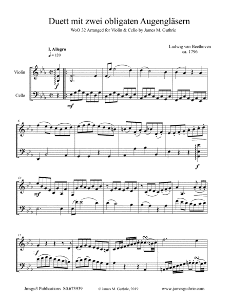 Beethoven: Duet WoO32 for Violin & Cello (arr. James M. Guthrie, ASCAP)