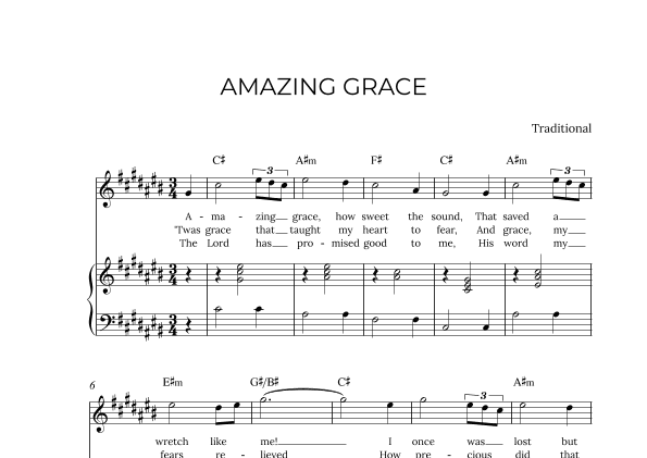 AMAZING GRACE - for piano and soprano in C# major with chords (arr. Alex Nunes Rodrigues)
